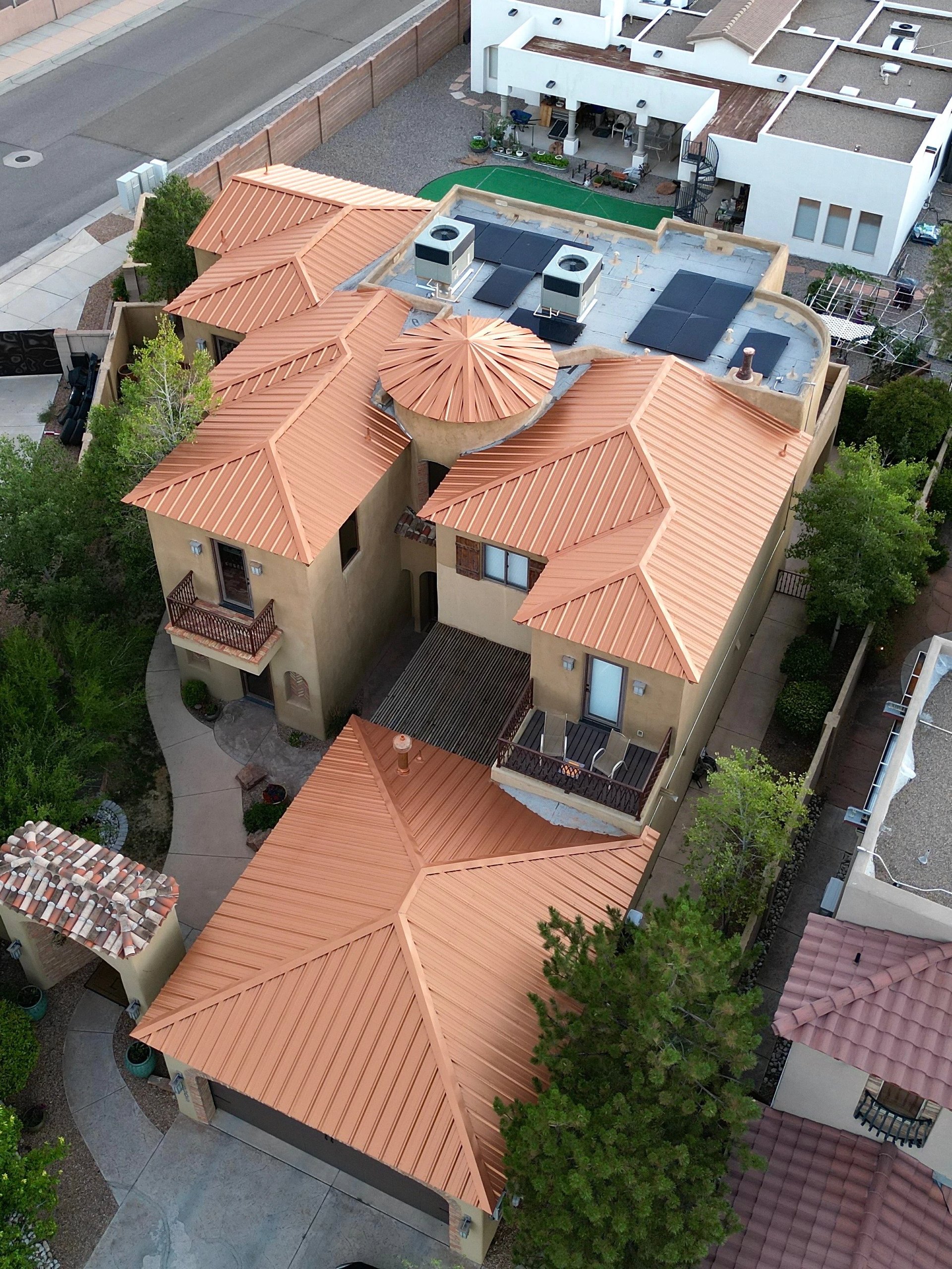 Aerial view of a metal tile roof
